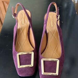 Talbots Plum Suede Slingback Heels with Gold Buckle Detail